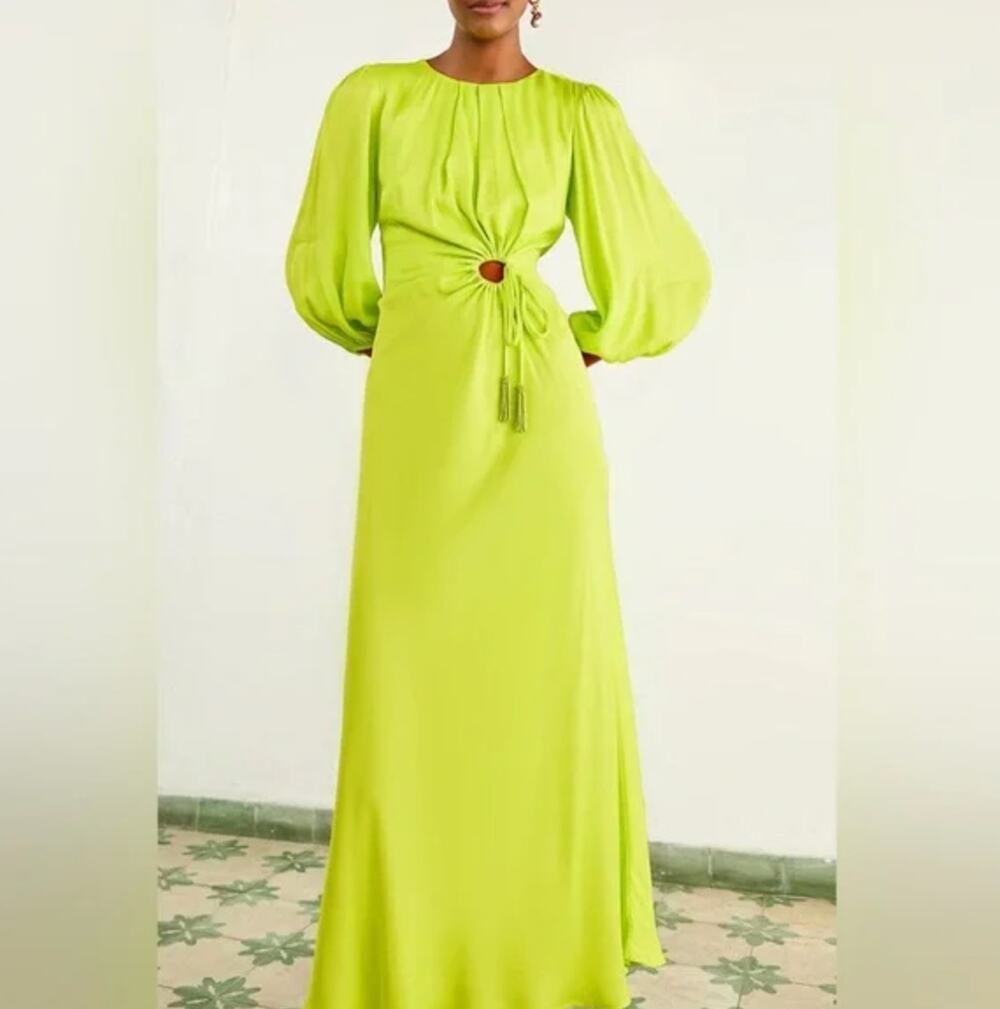Farm Rio Neon Green Cutout Circle Maxi Long Sleeve Dress Size Small